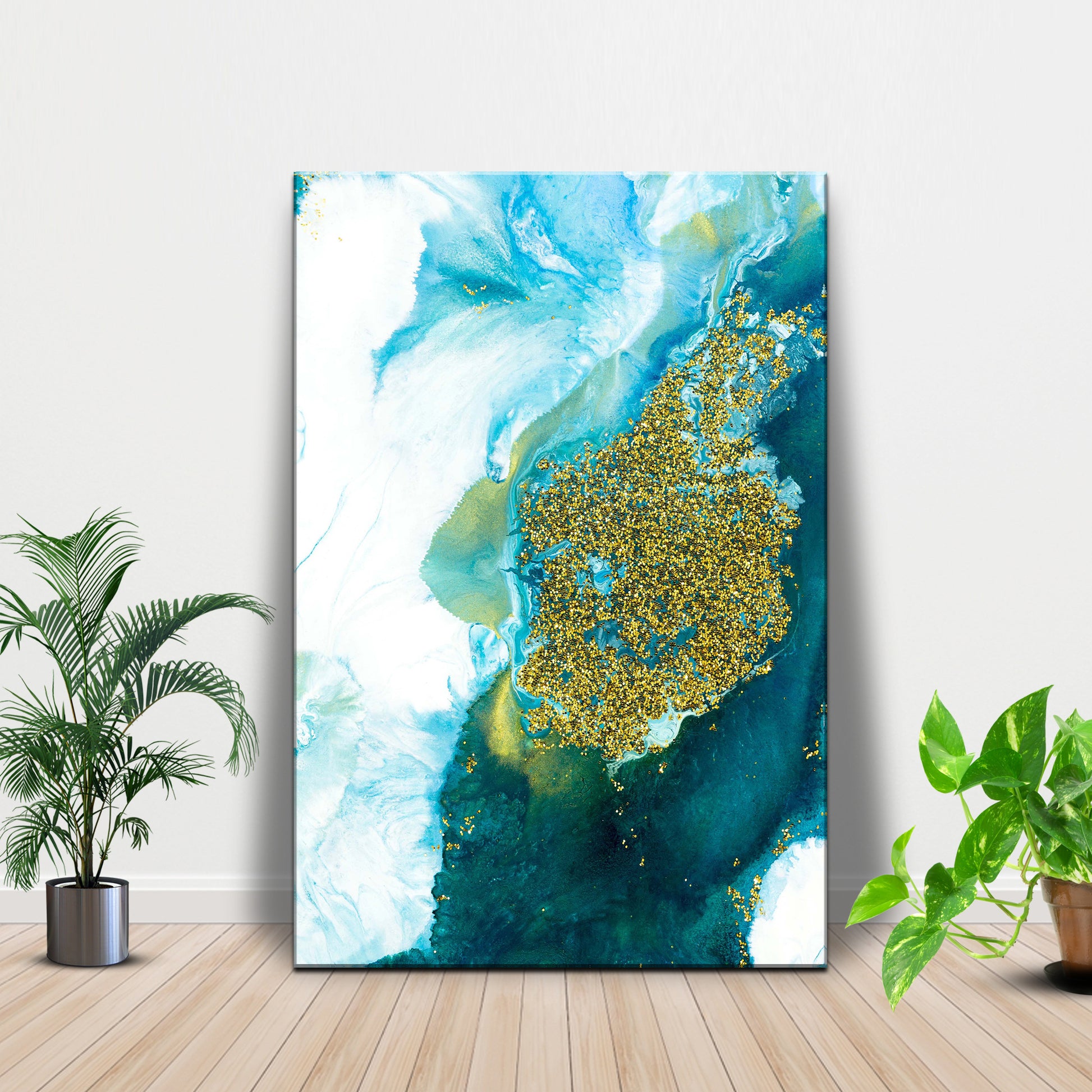 Aqua Gold Abstraction Canvas Wall Art with Elegance
