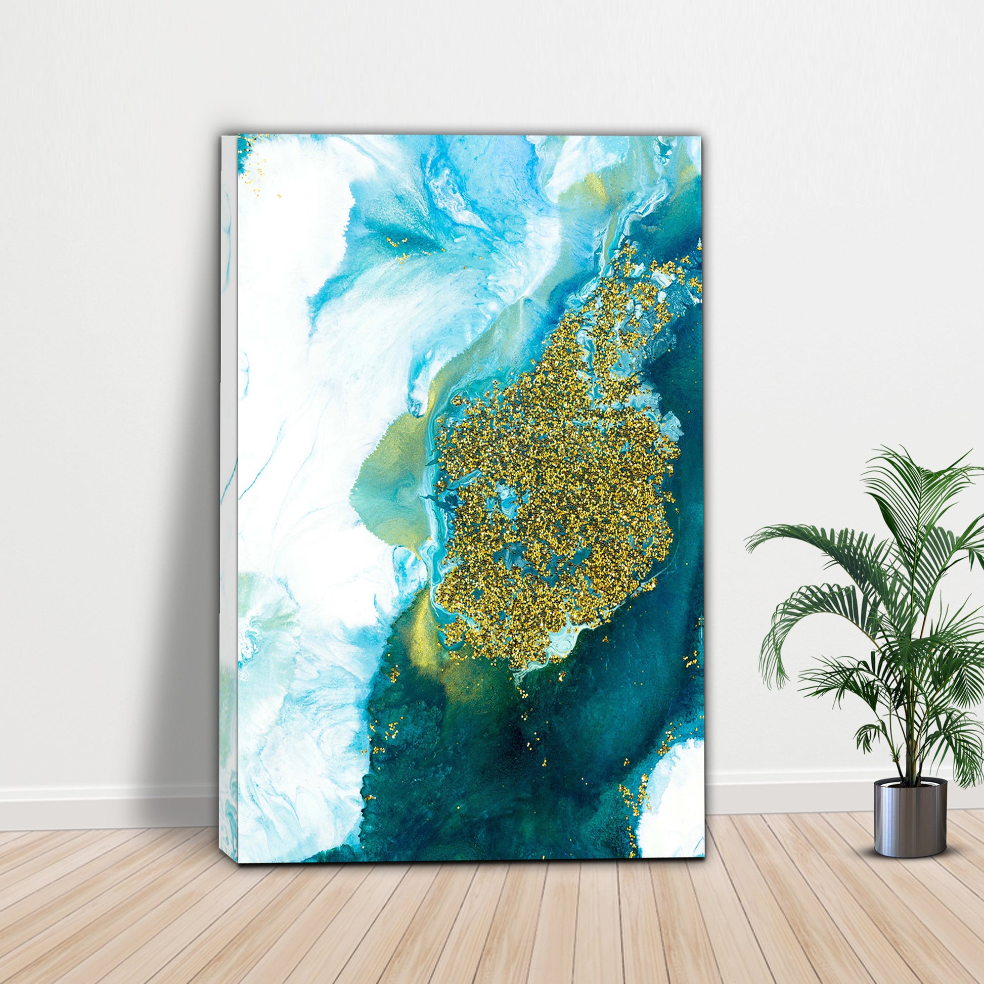 Aqua Gold Abstraction Canvas Wall Art with Elegance