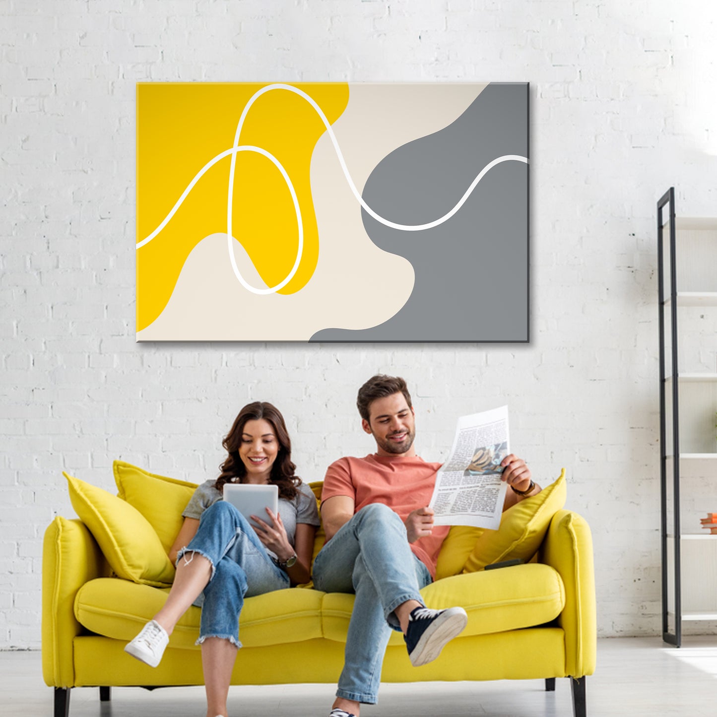  Abstract Yellow and Grey Linear Composition  Wall Art 